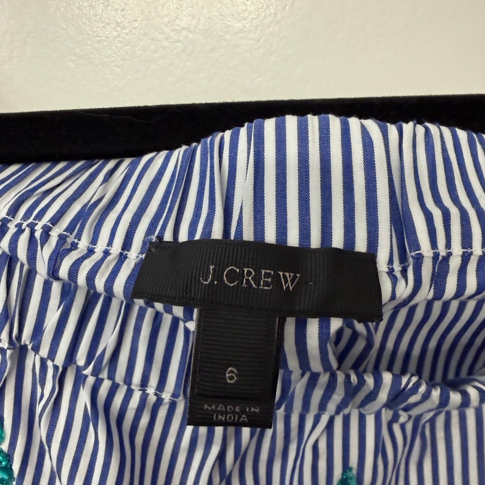 J. Crew Blue and White Striped Blouse with Green Beaded Embellishments - Picture 4 of 5